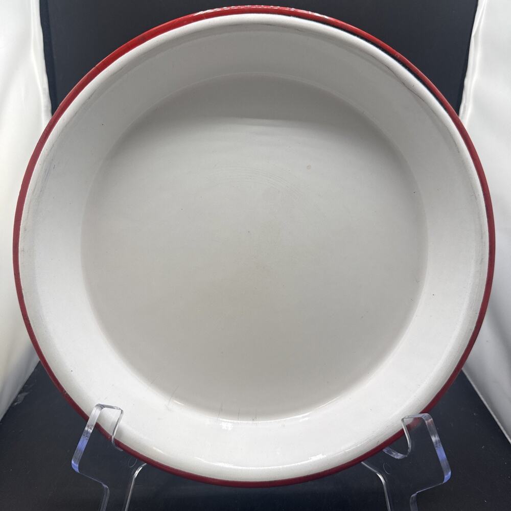 Vintage White Red Rim Enamelware Dinner Plate Farmhouse Camp Rustic 10 Inch